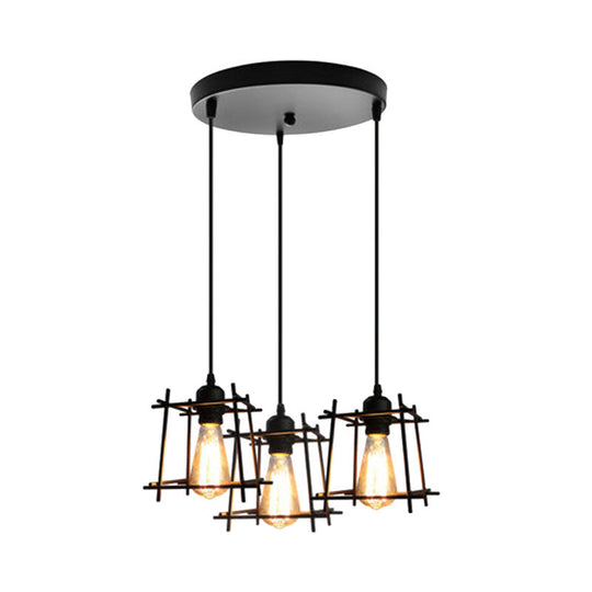 Farmhouse 3-Light Square Cage Hanging Pendant In Black/White For Dining Room