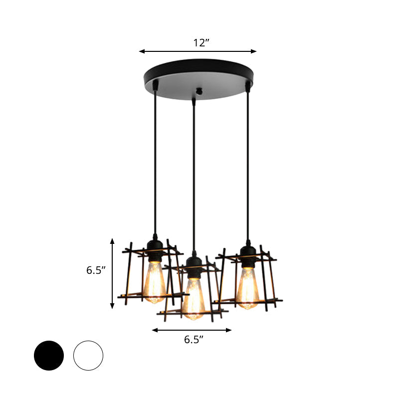 Farmhouse Square Cage Hanging Light - 3-Light Metal Pendant in Black/White for Dining Room