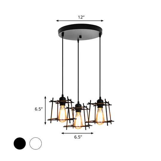 Farmhouse 3-Light Square Cage Hanging Pendant In Black/White For Dining Room