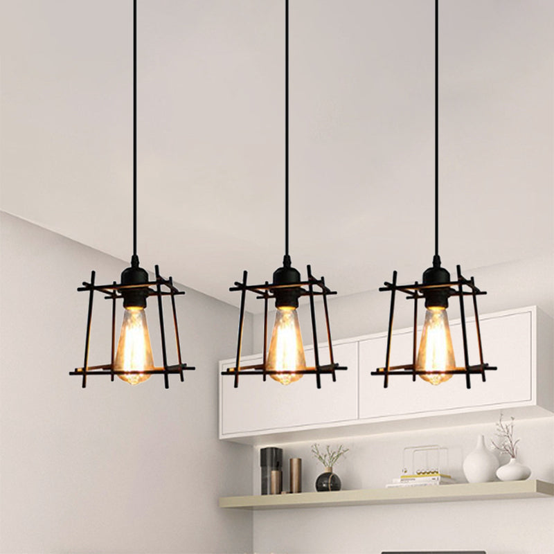 Farmhouse Square Cage Hanging Light - 3-Light Metal Pendant in Black/White for Dining Room