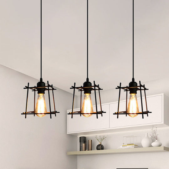 Farmhouse Square Cage Hanging Light - 3-Light Metal Pendant in Black/White for Dining Room