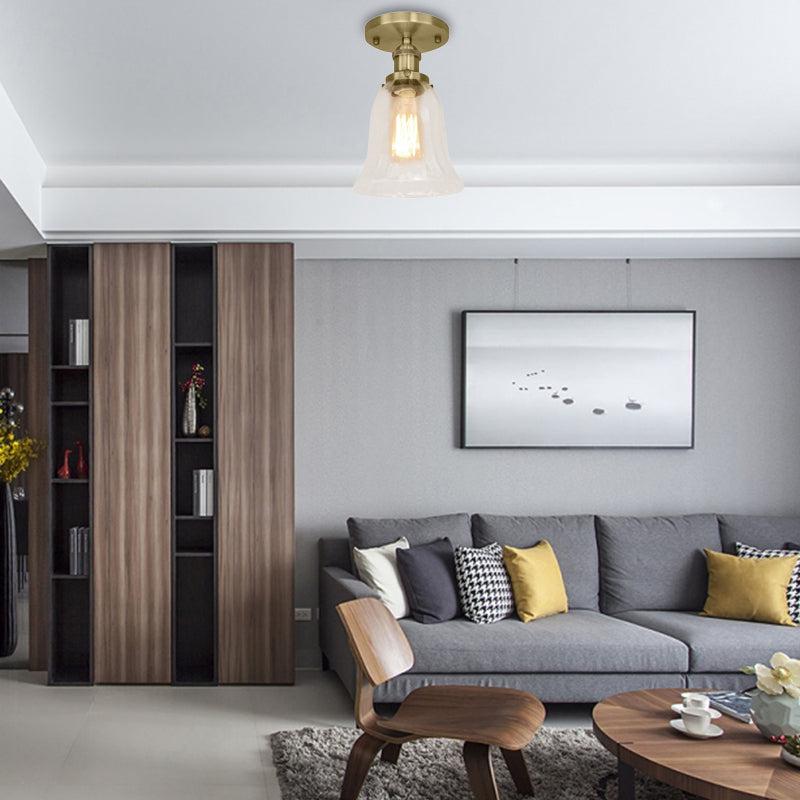 Industrial Flared Glass Semi Flush Mount Light with Clear Bulb in Black/Bronze/Copper