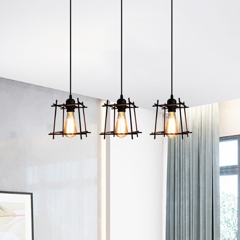 Farmhouse 3-Light Square Cage Hanging Pendant In Black/White For Dining Room
