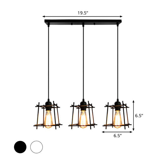 Farmhouse 3-Light Square Cage Hanging Pendant In Black/White For Dining Room