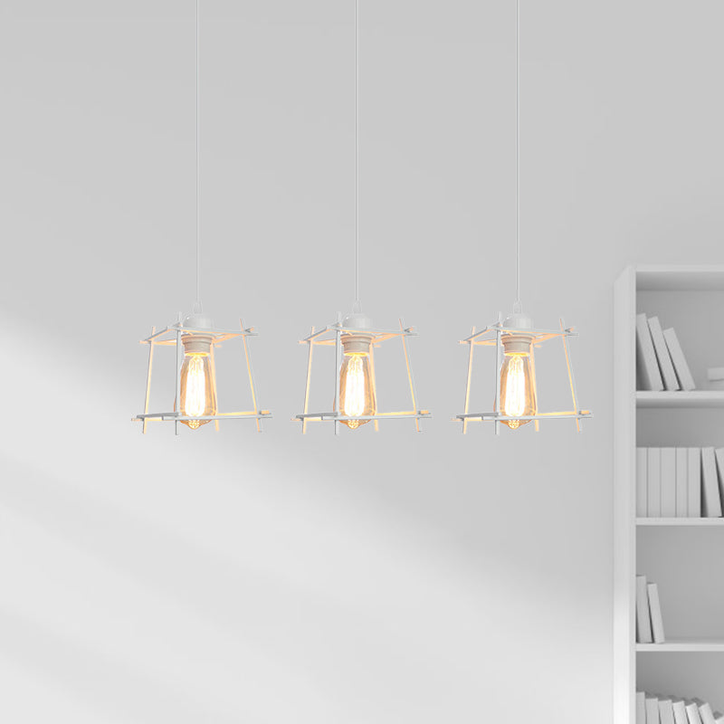 Farmhouse Square Cage Hanging Light - 3-Light Metal Pendant in Black/White for Dining Room