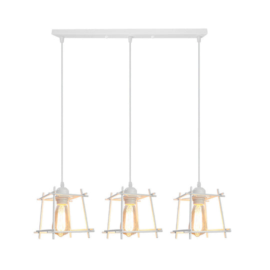 Farmhouse 3-Light Square Cage Hanging Pendant In Black/White For Dining Room