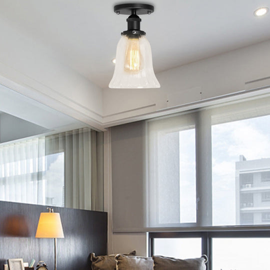 Industrial Flared Glass Semi Flush Mount Light with Clear Bulb in Black/Bronze/Copper