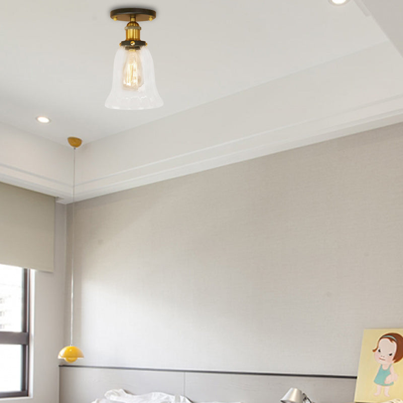 Industrial Flared Glass Semi Flush Mount Light with Clear Bulb in Black/Bronze/Copper