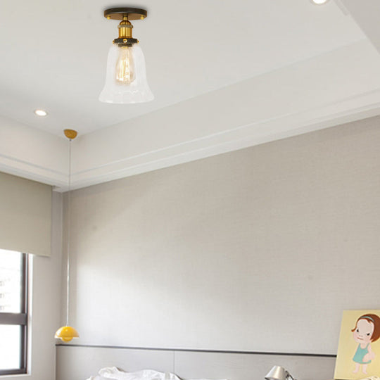 Industrial Flared Glass Semi Flush Mount Light with Clear Bulb in Black/Bronze/Copper