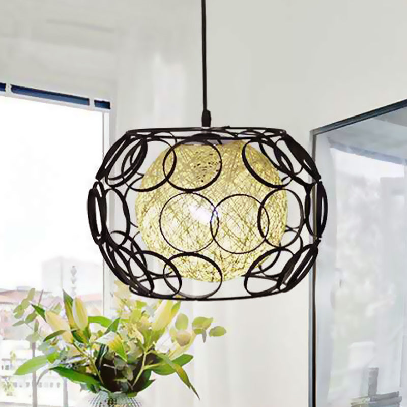 Modern Metal Hanging Pendant Light with Wire Guard and Weave Ball Shade – White/Green, 10"/12.5" W