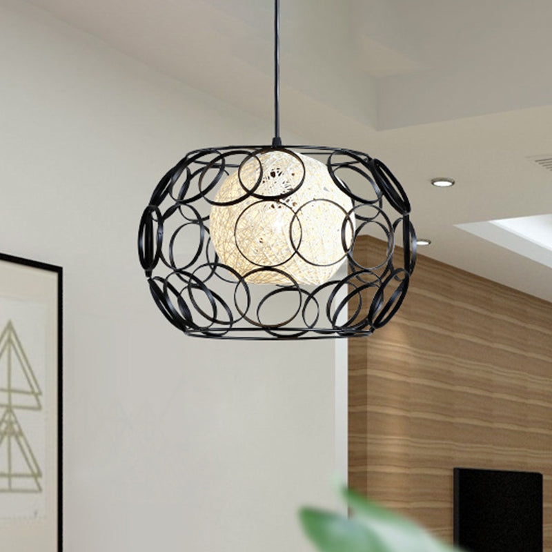 Modern Metal Hanging Pendant Light with Wire Guard and Weave Ball Shade – White/Green, 10"/12.5" W