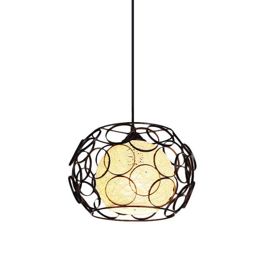 Modern Metal Hanging Pendant Light With Wire Guard And Weave Ball Shade White/Green 10/12.5 W