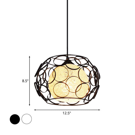 Modern Metal Hanging Pendant Light with Wire Guard and Weave Ball Shade – White/Green, 10"/12.5" W