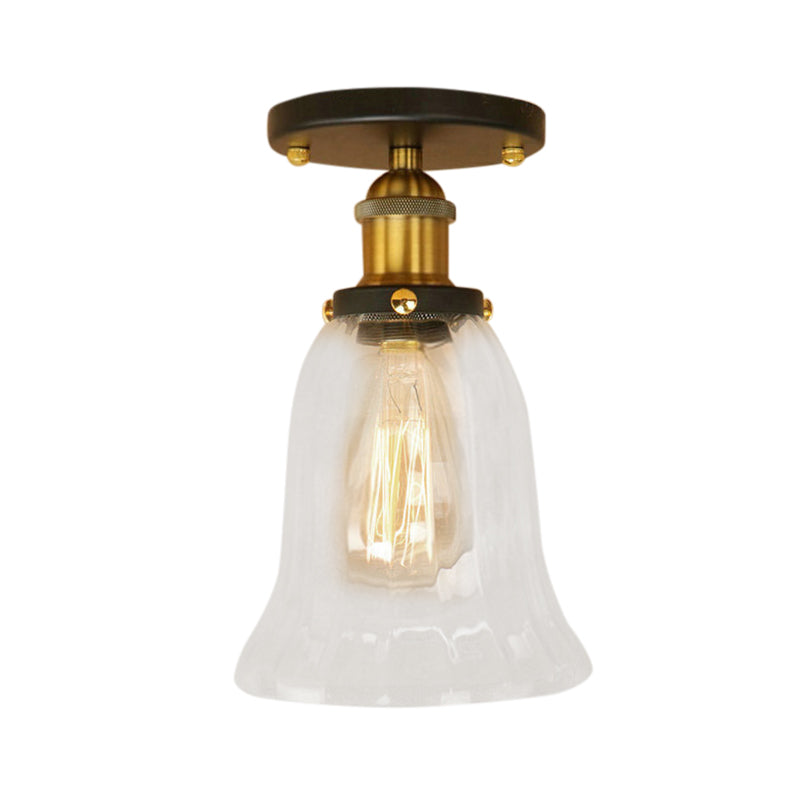 Industrial Flared Glass Semi Flush Mount Light With Clear Bulb In Black/Bronze/Copper