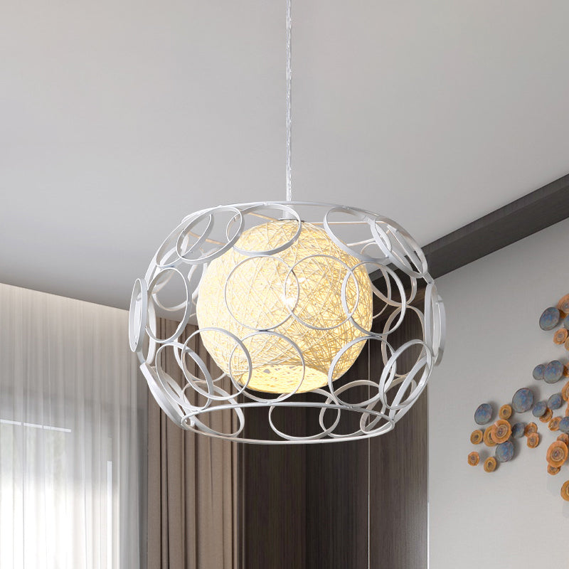 Modern Metal Hanging Pendant Light with Wire Guard and Weave Ball Shade – White/Green, 10"/12.5" W