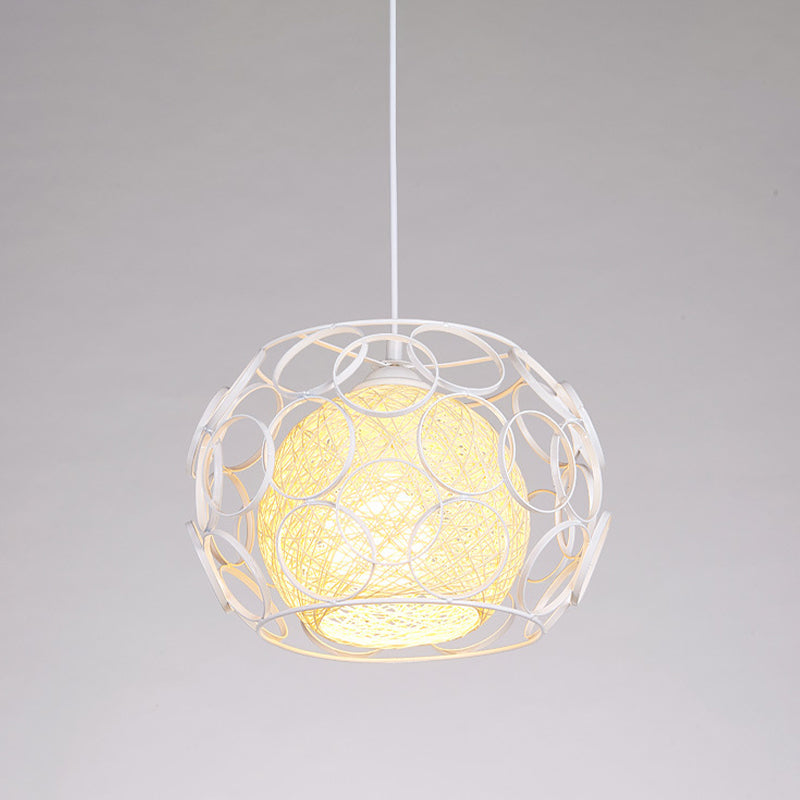 Modern Metal Hanging Pendant Light with Wire Guard and Weave Ball Shade – White/Green, 10"/12.5" W