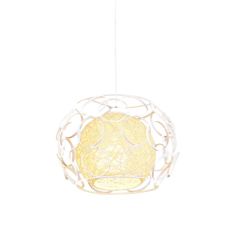 Modern Metal Hanging Pendant Light with Wire Guard and Weave Ball Shade – White/Green, 10"/12.5" W