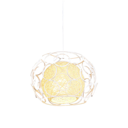 Modern Metal Hanging Pendant Light with Wire Guard and Weave Ball Shade – White/Green, 10"/12.5" W