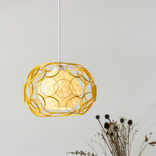 Modern Metal Hanging Pendant Light with Wire Guard and Weave Ball Shade – White/Green, 10"/12.5" W