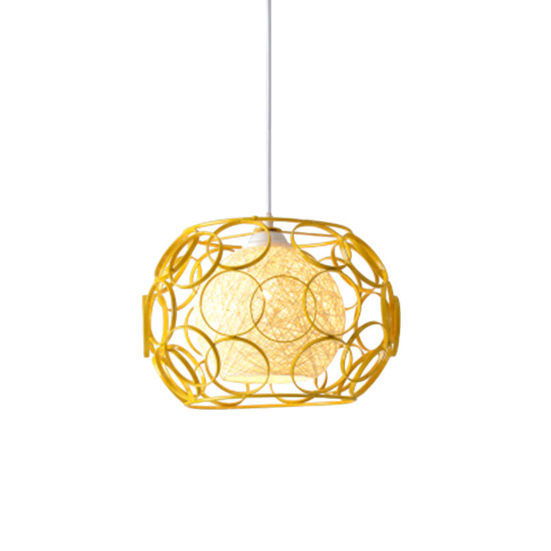 Modern Metal Hanging Pendant Light With Wire Guard And Weave Ball Shade White/Green 10/12.5 W