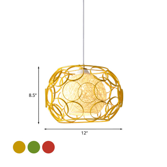 Modern Metal Hanging Pendant Light With Wire Guard And Weave Ball Shade White/Green 10/12.5 W