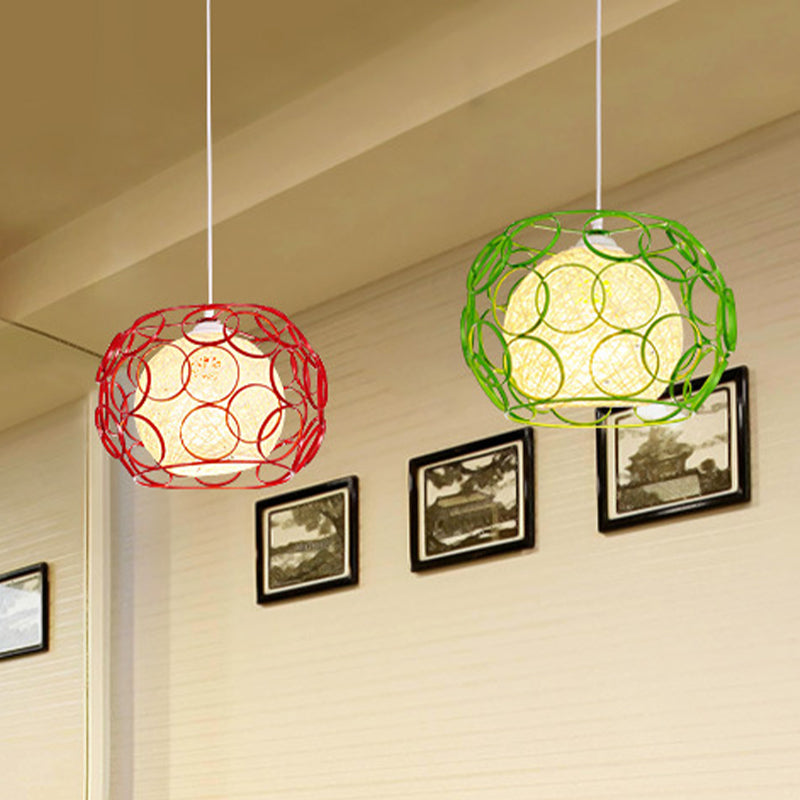 Modern Metal Hanging Pendant Light with Wire Guard and Weave Ball Shade – White/Green, 10"/12.5" W