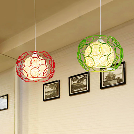 Modern Metal Hanging Pendant Light with Wire Guard and Weave Ball Shade – White/Green, 10"/12.5" W