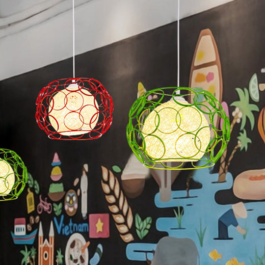 Modern Metal Hanging Pendant Light With Wire Guard And Weave Ball Shade White/Green 10/12.5 W