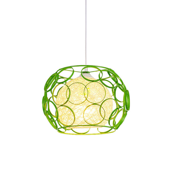 Modern Metal Hanging Pendant Light with Wire Guard and Weave Ball Shade – White/Green, 10"/12.5" W