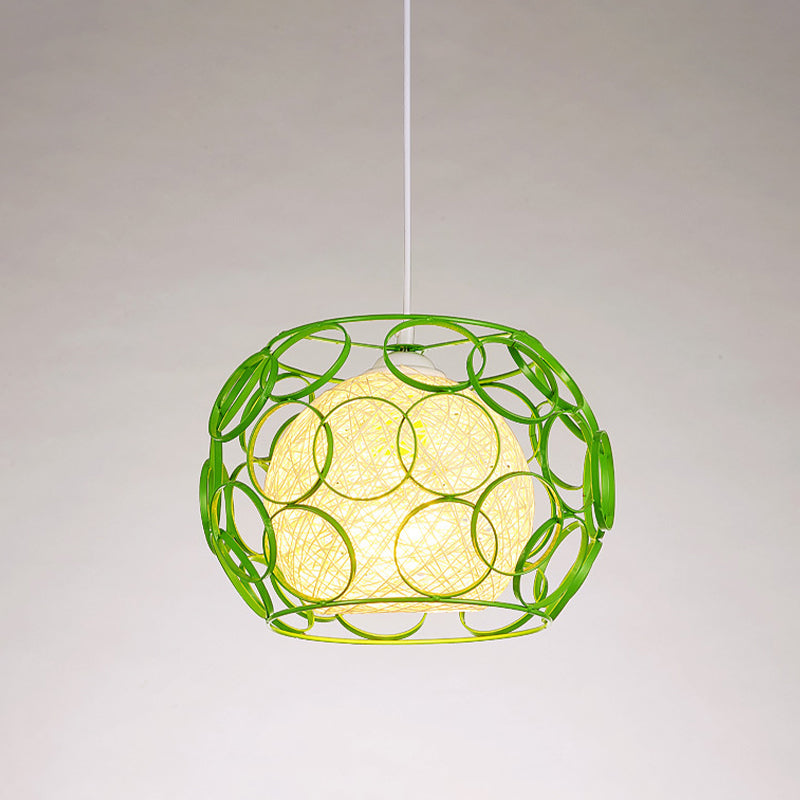 Modern Metal Hanging Pendant Light with Wire Guard and Weave Ball Shade – White/Green, 10"/12.5" W