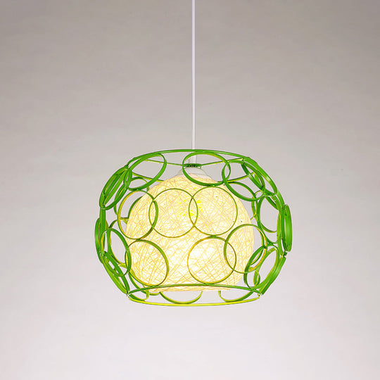 Modern Metal Hanging Pendant Light with Wire Guard and Weave Ball Shade – White/Green, 10"/12.5" W