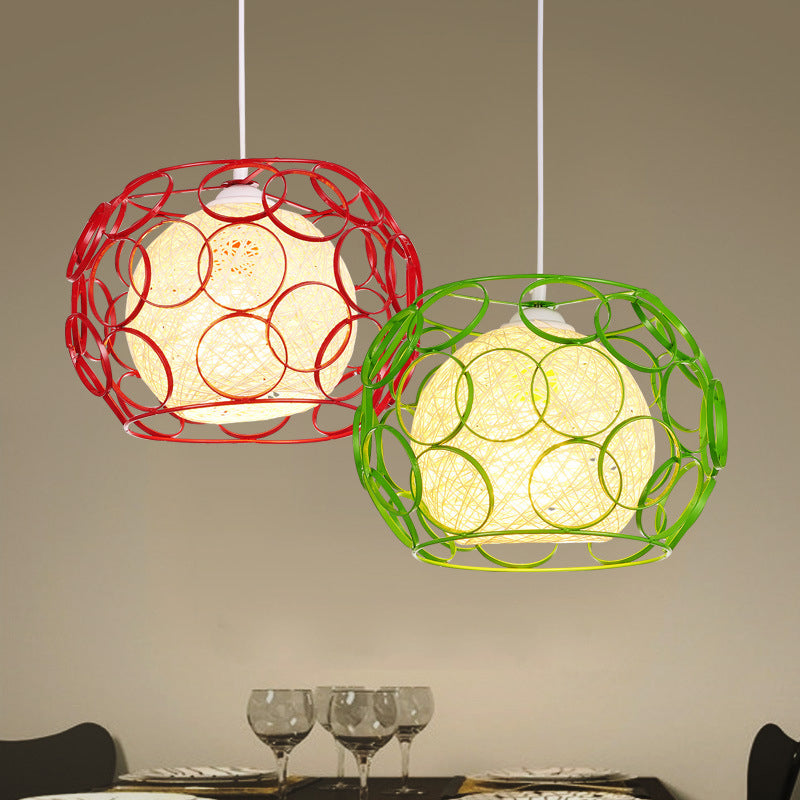 Modern Metal Hanging Pendant Light with Wire Guard and Weave Ball Shade – White/Green, 10"/12.5" W
