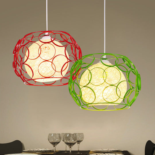 Modern Metal Hanging Pendant Light with Wire Guard and Weave Ball Shade – White/Green, 10"/12.5" W