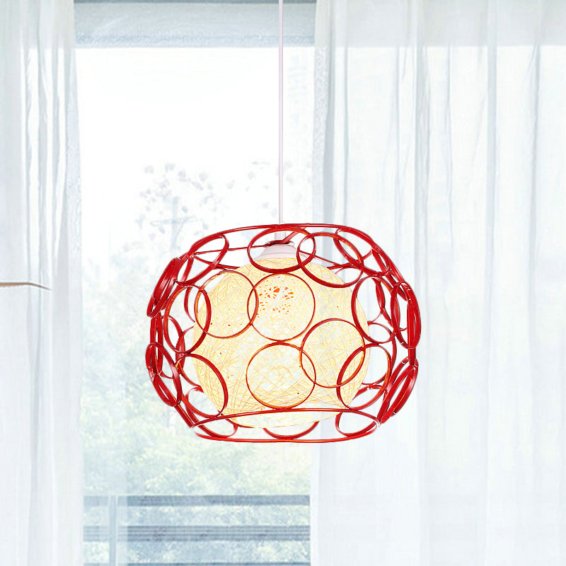 Modern Metal Hanging Pendant Light with Wire Guard and Weave Ball Shade – White/Green, 10"/12.5" W