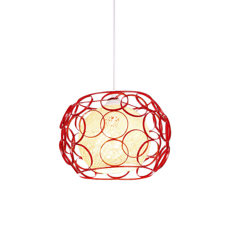Modern Metal Hanging Pendant Light With Wire Guard And Weave Ball Shade White/Green 10/12.5 W