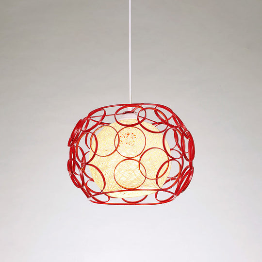 Modern Metal Hanging Pendant Light with Wire Guard and Weave Ball Shade – White/Green, 10"/12.5" W