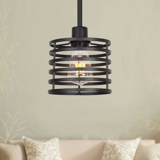 Vintage Wire Cage Pendant Light With Cylindrical Shade - Single Bulb Metallic Finish (Black/Brass)