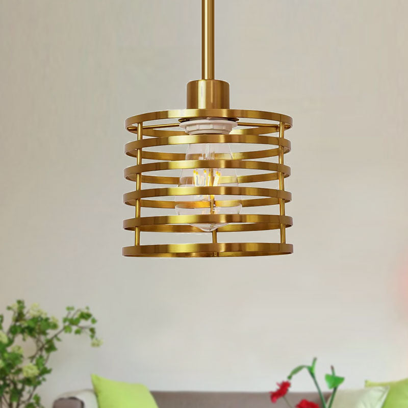 Vintage Wire Cage Hanging Lamp: Metallic Pendant Light with Cylindrical Black/Brass Shade