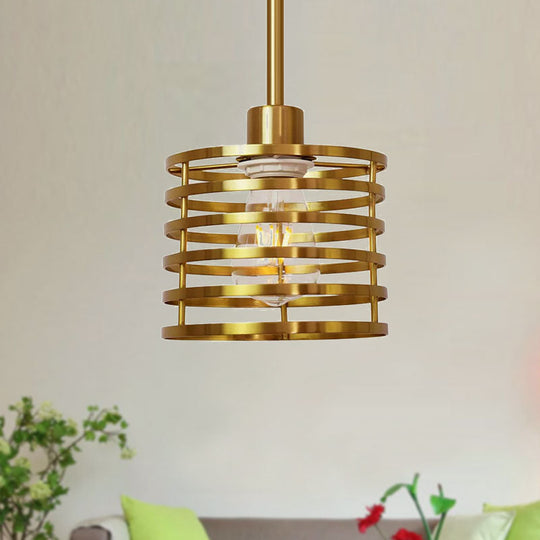 Vintage Wire Cage Hanging Lamp: Metallic Pendant Light with Cylindrical Black/Brass Shade