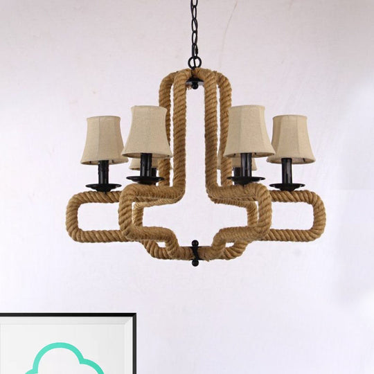 Lustre suspendu avec abat-jour en tissu cloche, style loft, 6 têtes, marron, détail corde - Parfait pour les restaurants