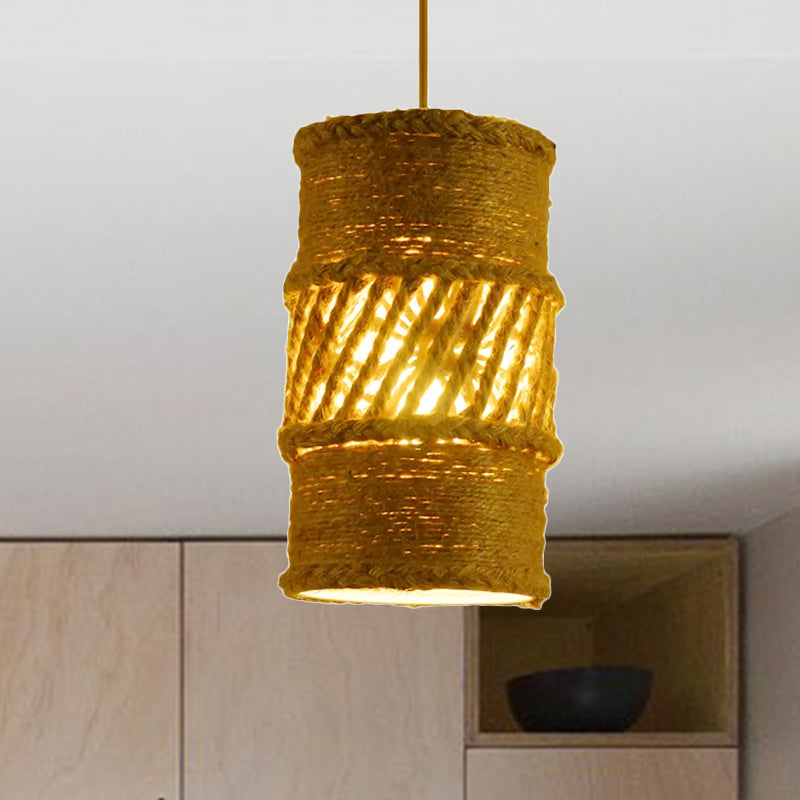 Plafonnier suspendu en corde beige de style ferme - 1 ampoule - Design cylindrique pour restaurants