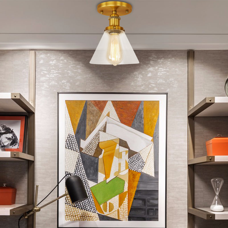 Industrial Clear Glass Ceiling Light in Black/Brass/Copper - Single Bulb Semi Flush Mount