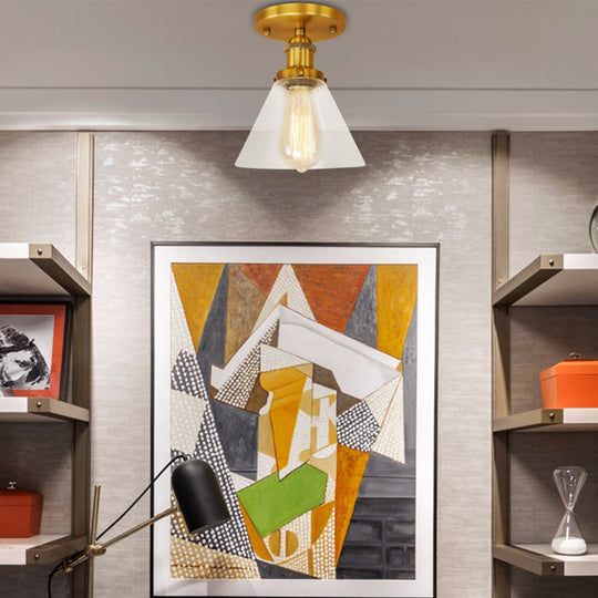 Industrial Clear Glass Ceiling Light in Black/Brass/Copper - Single Bulb Semi Flush Mount