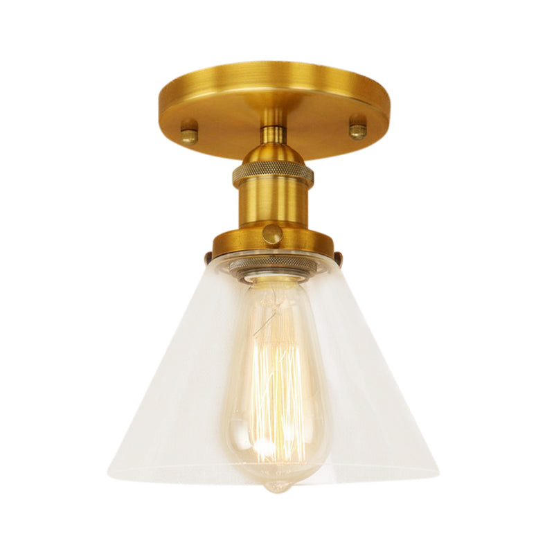 Industrial Clear Glass Ceiling Light in Black/Brass/Copper - Single Bulb Semi Flush Mount