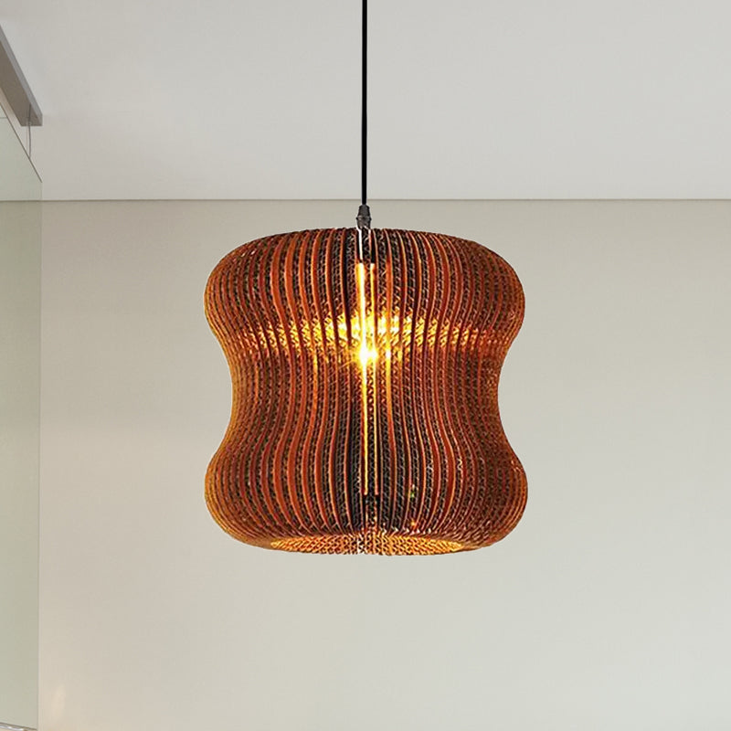 Asian Stylish Pendant Lighting - Brown Corrugated Paper Ceiling Fixture With Cylinder Shade Ideal