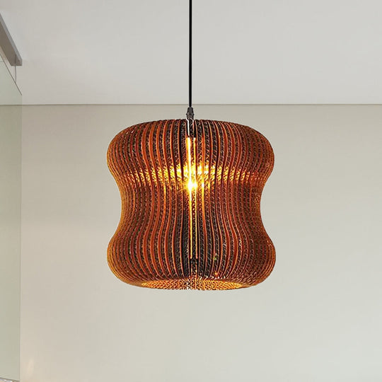 Asian Stylish Pendant Lighting - Brown Corrugated Paper Ceiling Fixture With Cylinder Shade Ideal