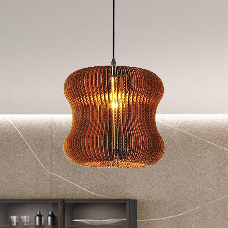 Stylish Brown Asian Dining Room Pendant Lighting - Ceiling Fixture with Cylinder Shade - 1 Bulb - Corrugated Paper