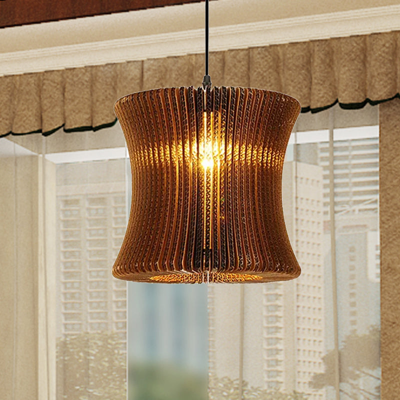 Stylish Brown Asian Dining Room Pendant Lighting - Ceiling Fixture with Cylinder Shade - 1 Bulb - Corrugated Paper