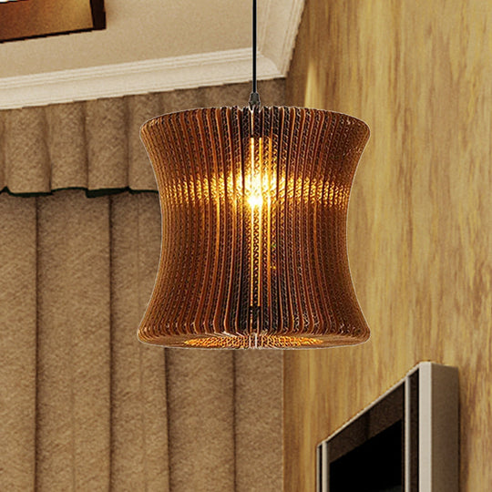 Asian Stylish Pendant Lighting - Brown Corrugated Paper Ceiling Fixture With Cylinder Shade Ideal