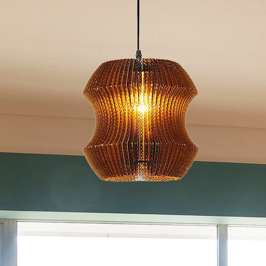 Stylish Brown Asian Dining Room Pendant Lighting - Ceiling Fixture with Cylinder Shade - 1 Bulb - Corrugated Paper